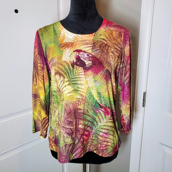 CHICO'S Tropical Paradise Parrot Rhinestone Sparkle 3/4 Sleeve Blouse Size 0 EUC - Picture 16 of 16